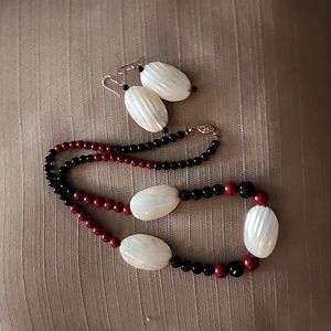 Onyx, Jasper with Mother of Pearl Necklace and Earrings Set, NWOT
